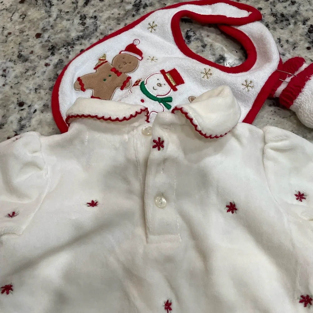 3 PC 1st Moments Charming White & Red Kids One Piece w Matching Bib & Socks 0-3M